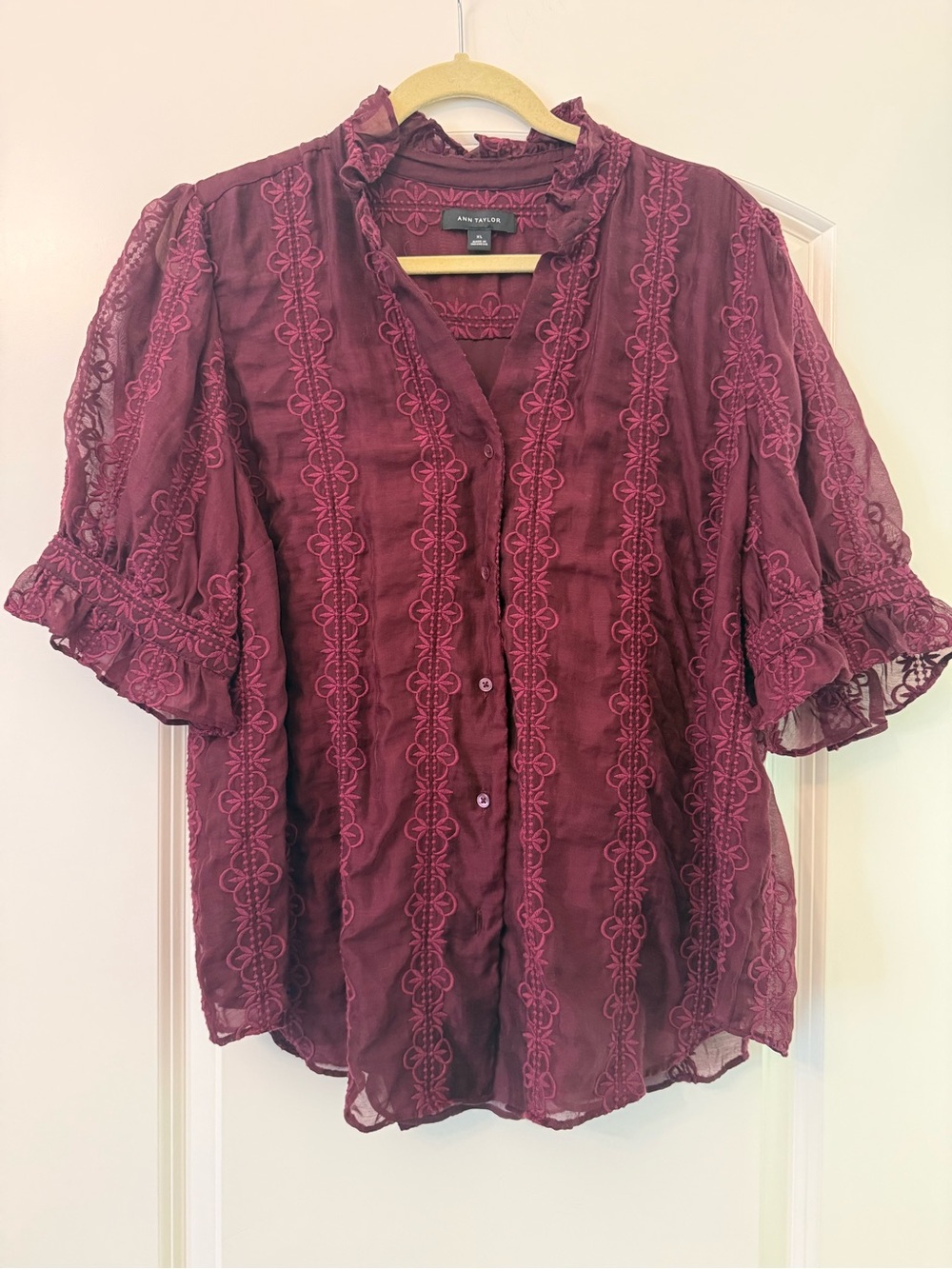 Ann Taylor Burgundy Embroidered Ruffle-Sleeve Blouse